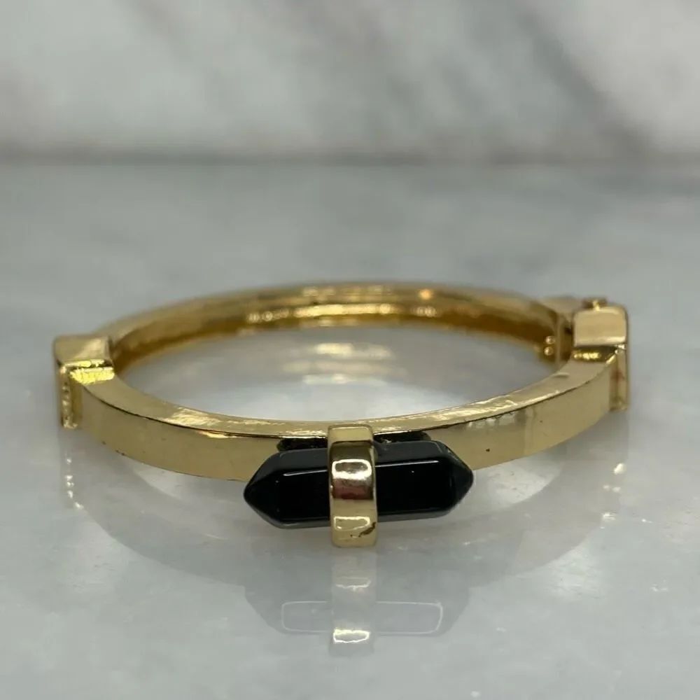 Gold Tone Classic Hinge With Black Stone Accent Bangle Bracelet OS
